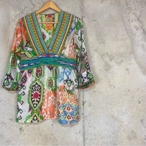 Johnny was silk v neck tunic green orange beige boho tribal print xs